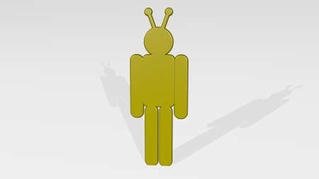 ROBOT made by 3D illustration of a shiny metallic sculpture on a wall with light background