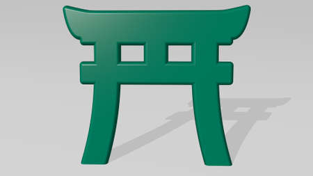 Chinese gate from a perspective on the wall. A thick sculpture made of metallic materials of 3D renderingの写真素材