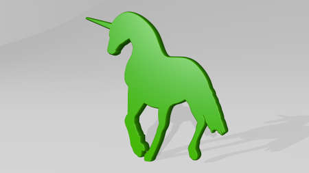 UNICORN from a perspective on the wall. A thick sculpture made of metallic materials of 3D renderingの写真素材