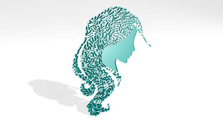 WOMAN FACE AND HAIR made by 3D illustration of a shiny metallic sculpture on a wall with light...