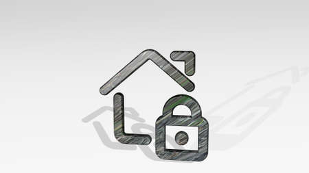 real estate action house lock on the wall. 3D illustration of metallic sculpture over a white...