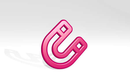 DESIGN TOOL MAGNET from a perspective on the wall. A thick sculpture made of metallic materials of 3D rendering. line and backgroundの写真素材