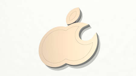APPLE FRUIT WITH BITE made by 3D illustration of a shiny metallic sculpture on a wall with light background. animal and blackの写真素材