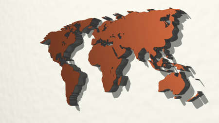 WORLD MAP from a perspective on the wall. A thick sculpture made of metallic materials of 3D...