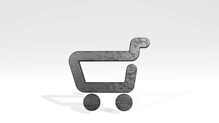 shopping cart from a perspective on the wall. A thick sculpture made of metallic materials of 3D rendering. illustration and backgroundの写真素材