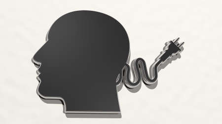 MAN WITH ELECTRICITY PLUG TO BRAIN from a perspective on the wall. A thick sculpture made of...
