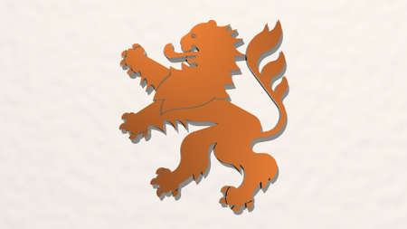 lion symbol from a perspective on the wall. A thick sculpture made of metallic materials of 3D rendering. illustration and animalの写真素材