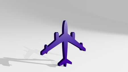 FLYING AEROPLANE made by 3D illustration of a shiny metallic sculpture on a wall with light...