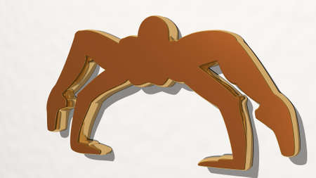 man in spider shape on the wall. 3D illustration of metallic sculpture over a white background with mild texture. halloween and webの写真素材
