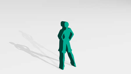 girl made by 3D illustration of a shiny metallic sculpture on a wall with light background. beautiful and womanの写真素材