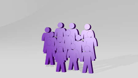 CROWD OF PEOPLE on the wall. 3D illustration of metallic sculpture over a white background with mild...