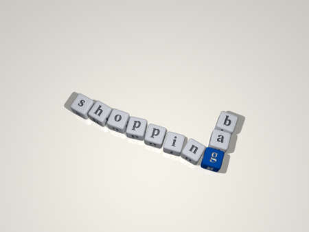 crosswords of SHOPPING BAG arranged by cubic letters on a mirror floor, concept meaning and presentation. illustration and backgroundの写真素材