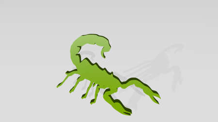 SCORPION made by 3D illustration of a shiny metallic sculpture on a wall with light background. black and animalの写真素材