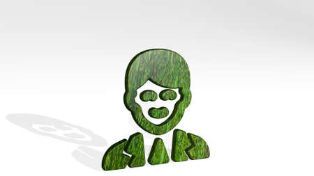 PEOPLE MAN made by 3D illustration of a shiny metallic sculpture on a wall with light background....