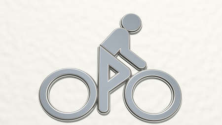 CYCLIST SYMBOL on the wall. 3D illustration of metallic sculpture over a white background with mild...