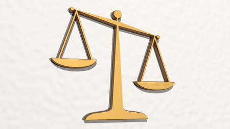 JUSTICE IMBALANCE on the wall. 3D illustration of metallic sculpture over a white background with...
