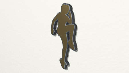 ATHLETIC WOMAN WORKOUT on the wall. 3D illustration of metallic sculpture over a white background...