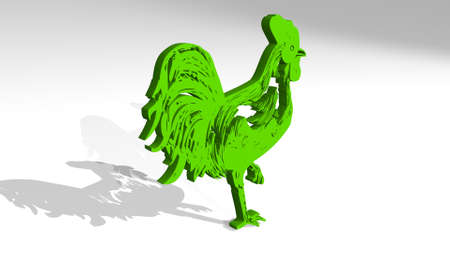 rooster made by 3D illustration of a shiny metallic sculpture with the shadow on light background. chicken and animalの写真素材