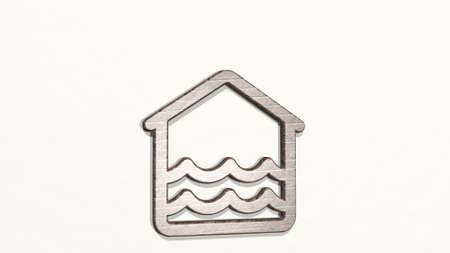 natural disaster flood house indoor from a perspective on the wall. A thick sculpture made of...