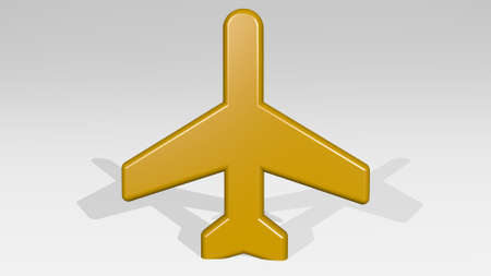 FLYING AEROPLANE from a perspective with the shadow. A thick sculpture made of metallic materials of 3D rendering. illustration and backgroundの写真素材