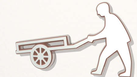 professional man working made by 3D illustration of a shiny metallic sculpture on a wall with light...