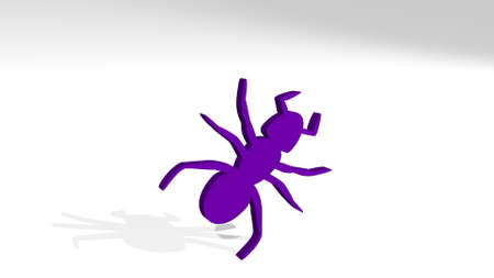 insect ant made by 3D illustration of a shiny metallic sculpture on a wall with light background. animal and butterflyの写真素材