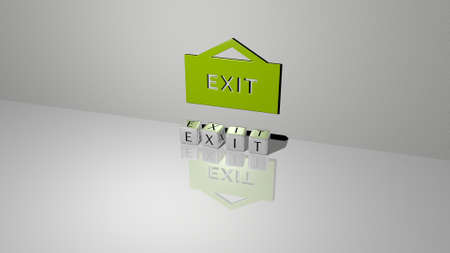 3D graphical image of EXIT vertically along with text built by metallic cubic letters from the top perspective, excellent for the concept presentation and slideshows. illustration and backgroundの写真素材