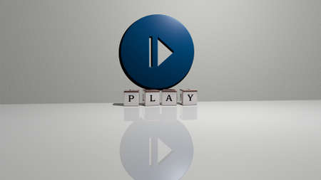 3D graphical image of play vertically along with text built by metallic cubic letters from the top...