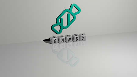 3D illustration of CANDY graphics and text made by metallic dice letters for the related meanings of the concept and presentations. background and chocolateの写真素材
