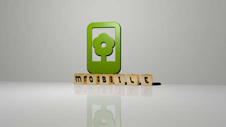 3D representation of MOBILE with icon on the wall and text arranged by metallic cubic letters on a mirror floor for concept meaning and slideshow presentation. illustration and designの写真素材