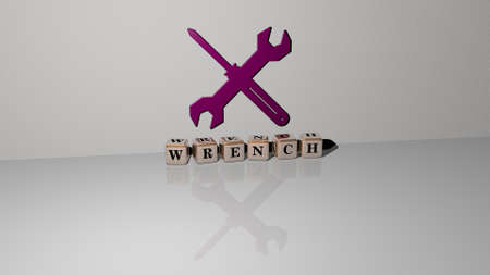 3D representation of wrench with icon on the wall and text arranged by metallic cubic letters on a mirror floor for concept meaning and slideshow presentation. illustration and backgroundの写真素材