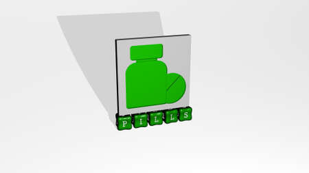 3D illustration of pills graphics and text made by metallic dice letters for the related meanings of the concept and presentations. background and medicineの写真素材