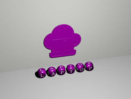 3D representation of LAPTOP with icon on the wall and text arranged by metallic cubic letters on a...
