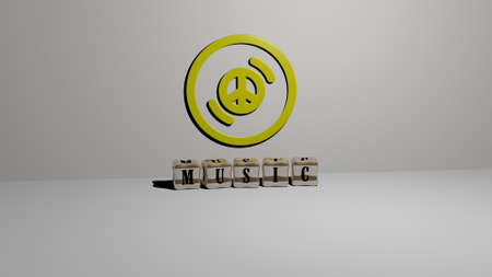 3D representation of music with icon on the wall and text arranged by metallic cubic letters on a mirror floor for concept meaning and slideshow presentation. illustration and backgroundの写真素材