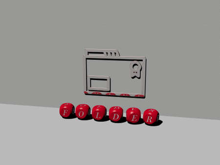 3D representation of folder with icon on the wall and text arranged by metallic cubic letters on a...