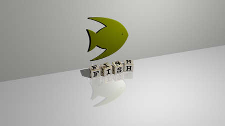 3D graphical image of fish vertically along with text built by metallic cubic letters from the top perspective, excellent for the concept presentation and slideshows. illustration and backgroundの写真素材