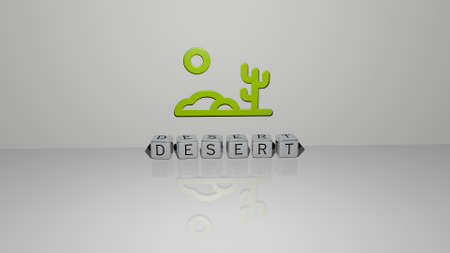 3D representation of DESERT with icon on the wall and text arranged by metallic cubic letters on a mirror floor for concept meaning and slideshow presentation. background and landscapeの写真素材