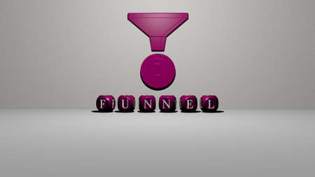 3D representation of FUNNEL with icon on the wall and text arranged by metallic cubic letters on a mirror floor for concept meaning and slideshow presentation. illustration and backgroundの写真素材