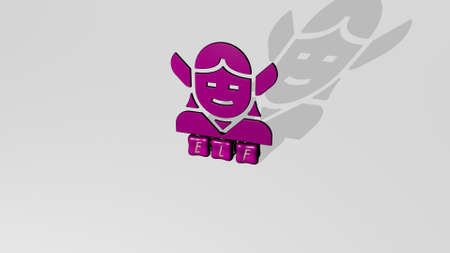 3D graphical image of ELF vertically along with text built by metallic cubic letters from the top...