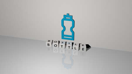 3D graphical image of bottle vertically along with text built by metallic cubic letters from the top perspective, excellent for the concept presentation and slideshows. background and illustrationの写真素材