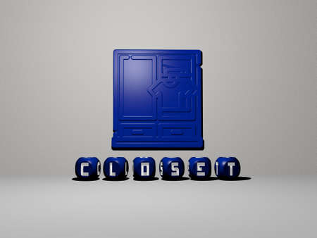 3D representation of CLOSET with icon on the wall and text arranged by metallic cubic letters on a...