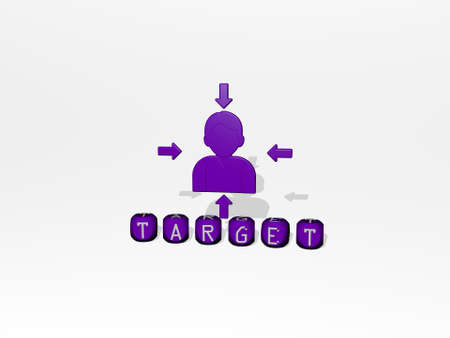 3D representation of TARGET with icon on the wall and text arranged by metallic cubic letters on a mirror floor for concept meaning and slideshow presentation. illustration and businessの写真素材