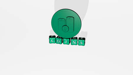 3D graphical image of COINS vertically along with text built by metallic cubic letters from the top perspective, excellent for the concept presentation and slideshows. background and businessの写真素材
