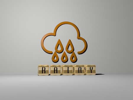 3D illustration of RAINY graphics and text made by metallic dice letters for the related meanings of the concept and presentations. background and beautifulの写真素材