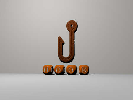 3D graphical image of hook vertically along with text built by metallic cubic letters from the top...