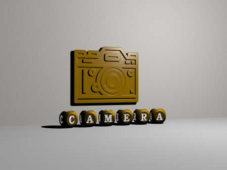3D representation of CAMERA with icon on the wall and text arranged by metallic cubic letters on a mirror floor for concept meaning and slideshow presentation. background and beautifulの写真素材