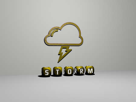 3D illustration of storm graphics and text made by metallic dice letters for the related meanings of the concept and presentations. background and cloudsの写真素材