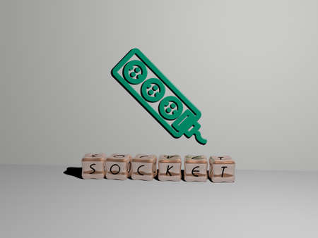 3D graphical image of socket vertically along with text built by metallic cubic letters from the top...
