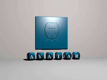 3D representation of AVATAR with icon on the wall and text arranged by metallic cubic letters on a mirror floor for concept meaning and slideshow presentation. illustration and characterの写真素材