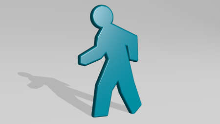 man walking from a perspective with the shadow. A thick sculpture made of metallic materials of 3D...
